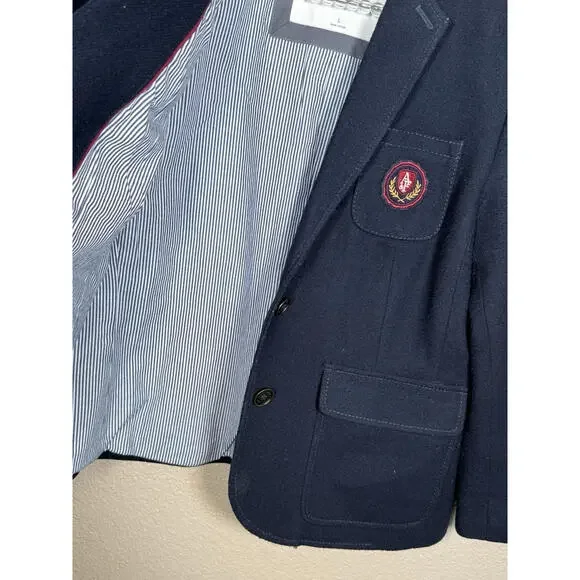 Abercrombie & Fitch Wool Blend Navy Sz Large Fitted Cropped Lined Blazer Crest - Picture 5 of 8